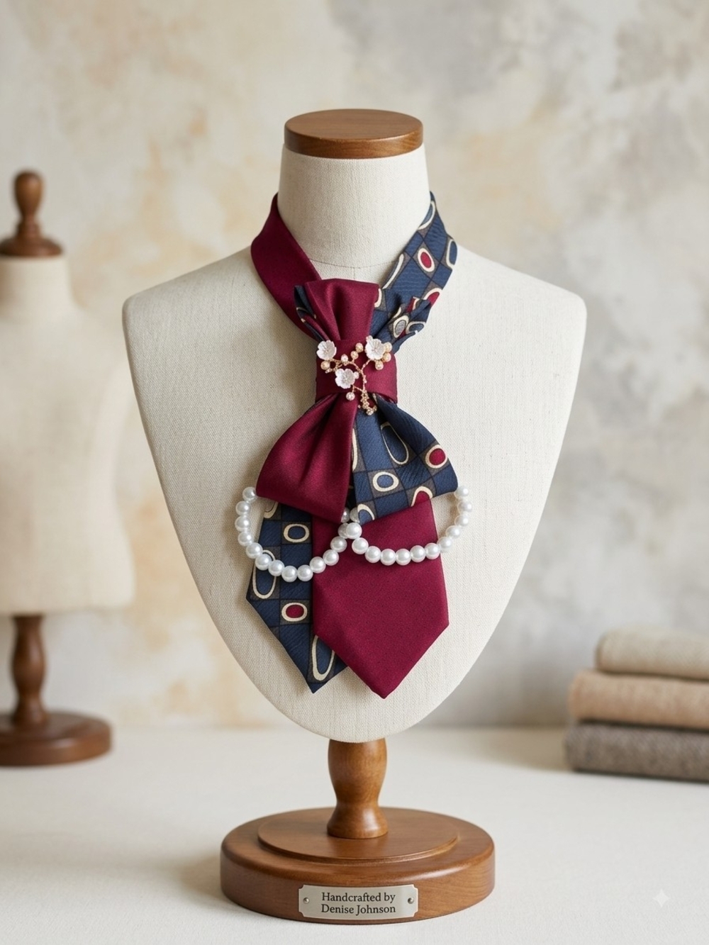 Burgundy & Navy Pearl Scarf Necklace
